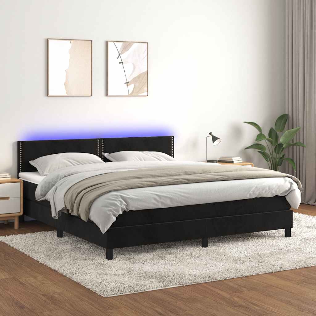 Krevet box spring s madracem LED crni 180x200 cm baršun