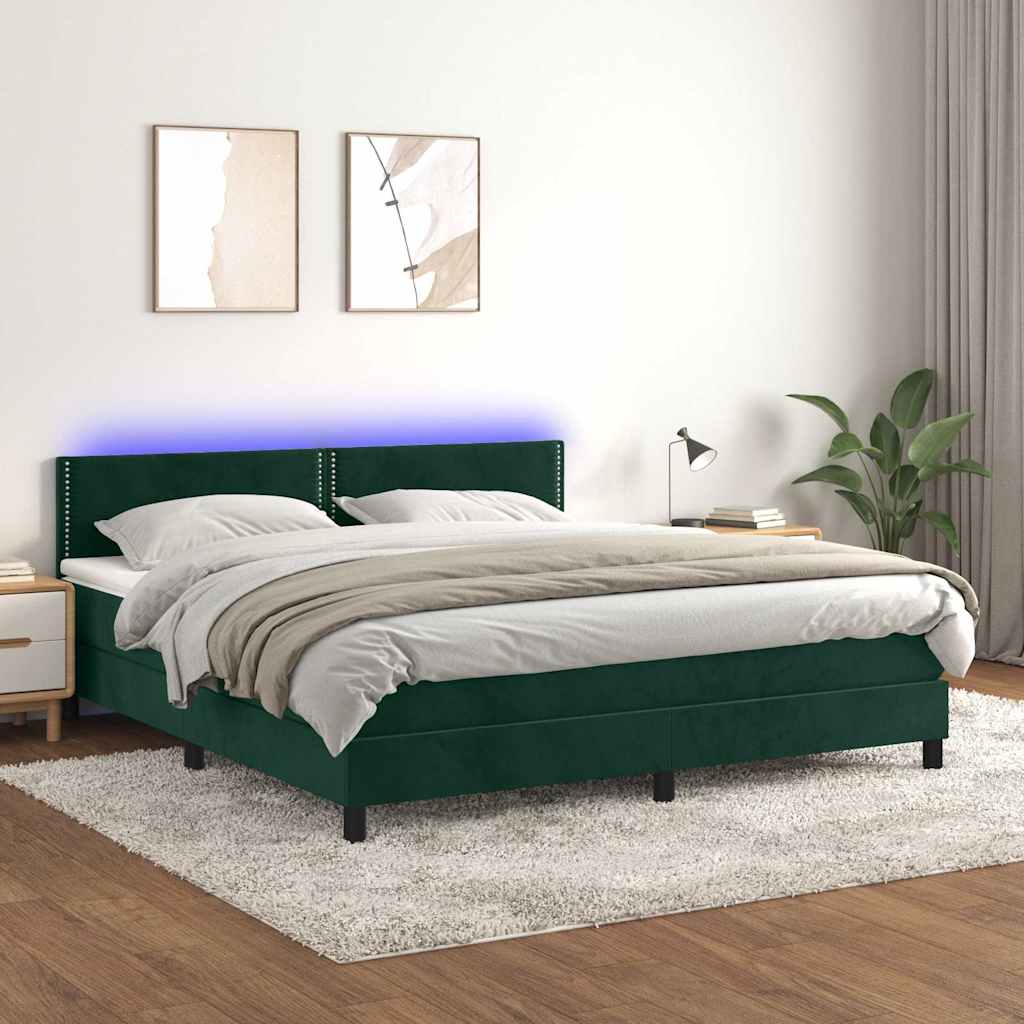 Krevet box spring s madracem LED tamnozeleni 180x200 cm baršun