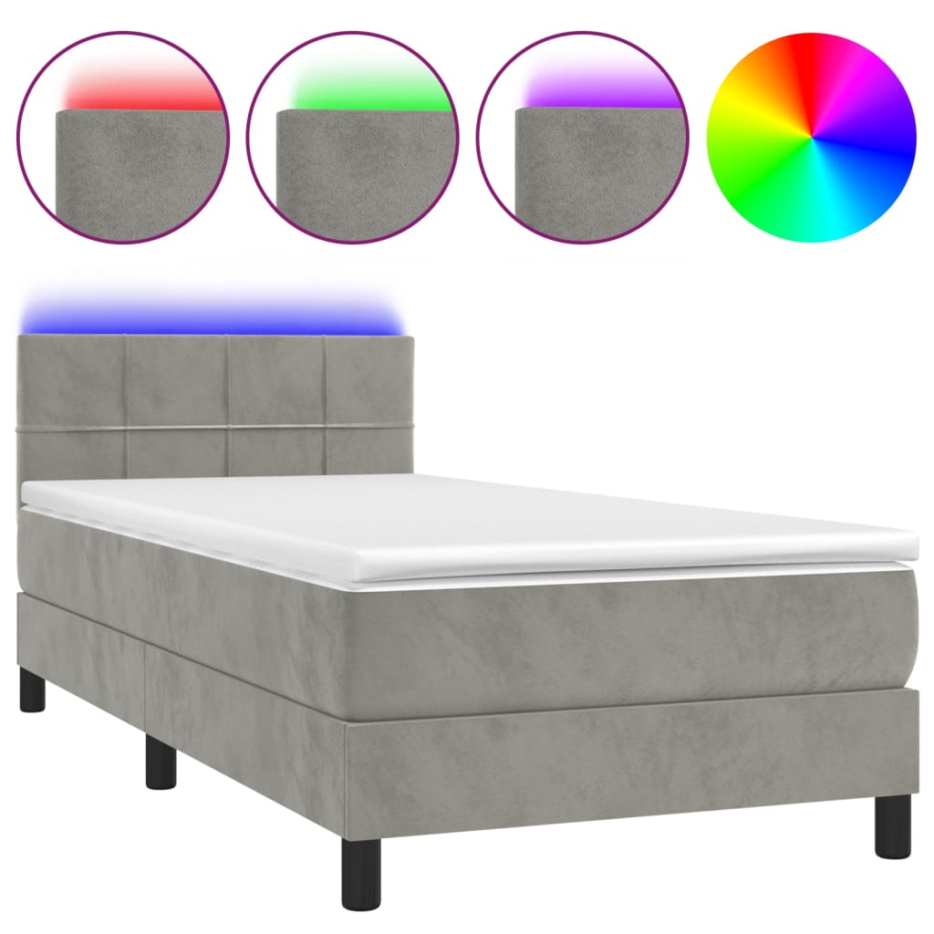 Krevet box spring s madracem LED svjetlosivi 90x190 cm baršun