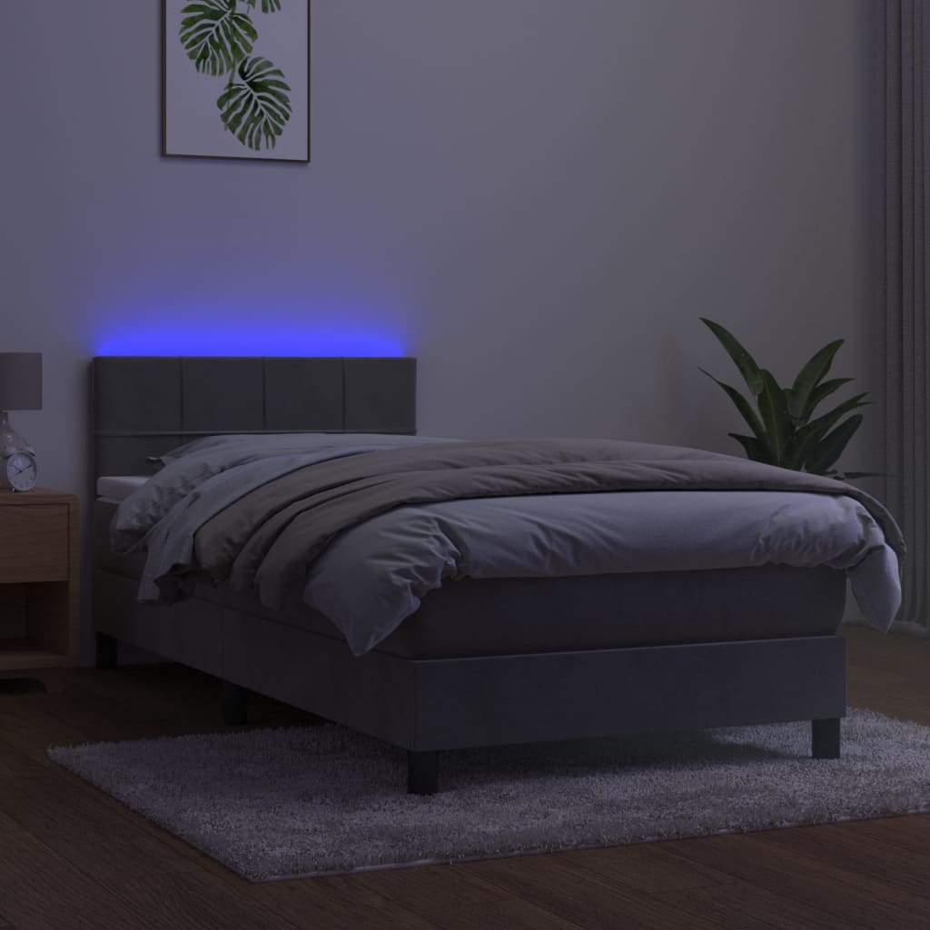 Krevet box spring s madracem LED svjetlosivi 90x190 cm baršun