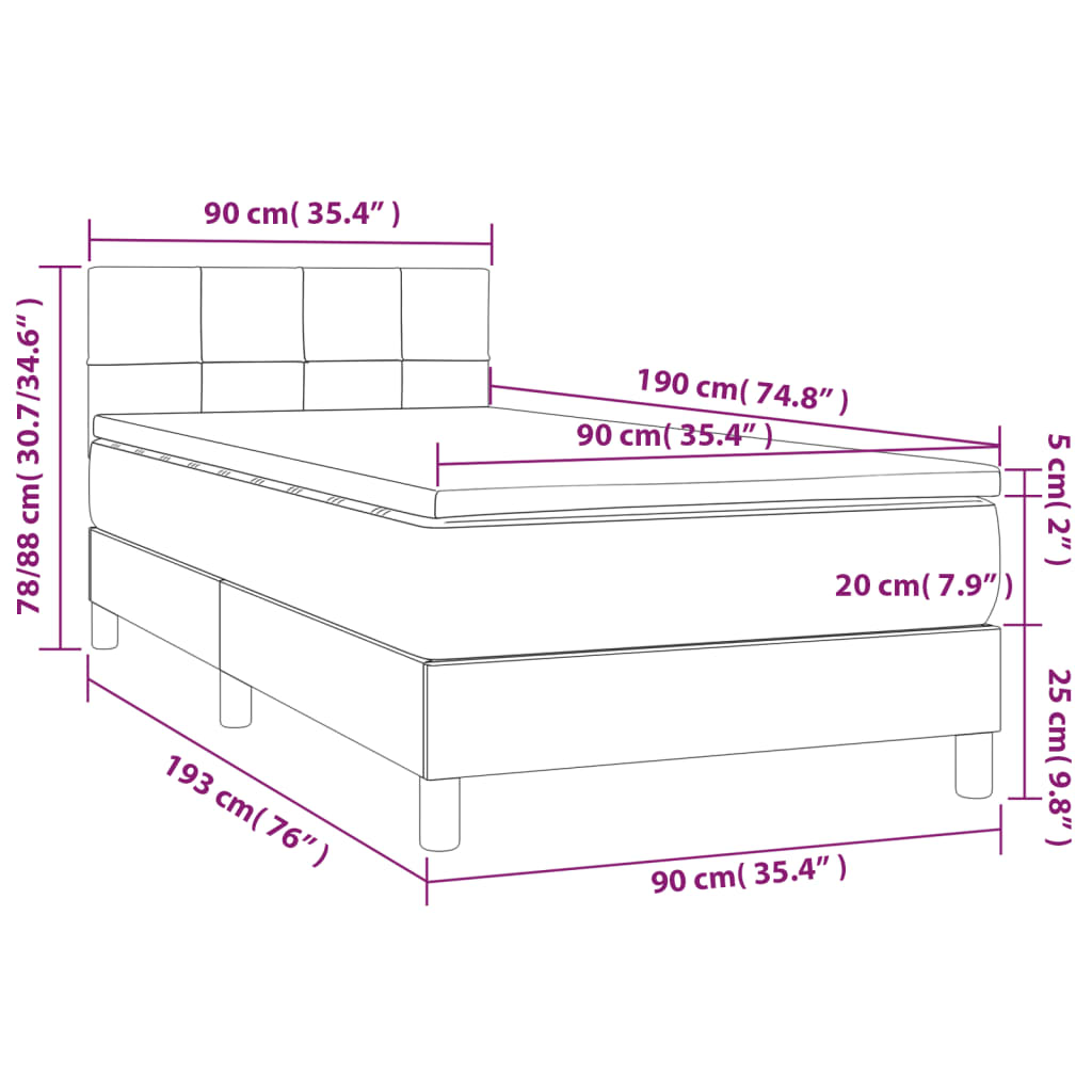Krevet box spring s madracem LED tamnosivi 90x190 cm baršun