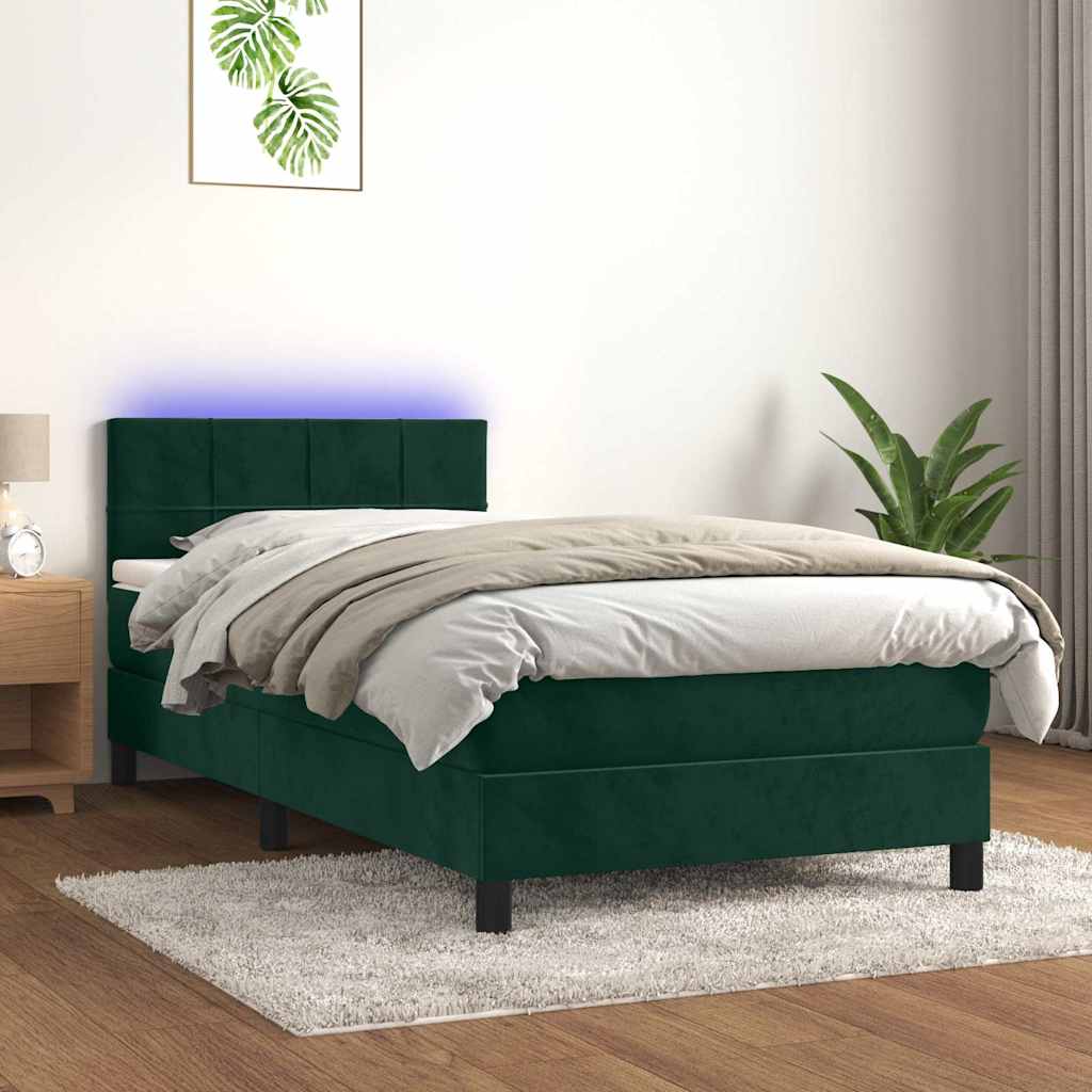 Krevet box spring s madracem LED tamnozeleni 100x200 cm baršun