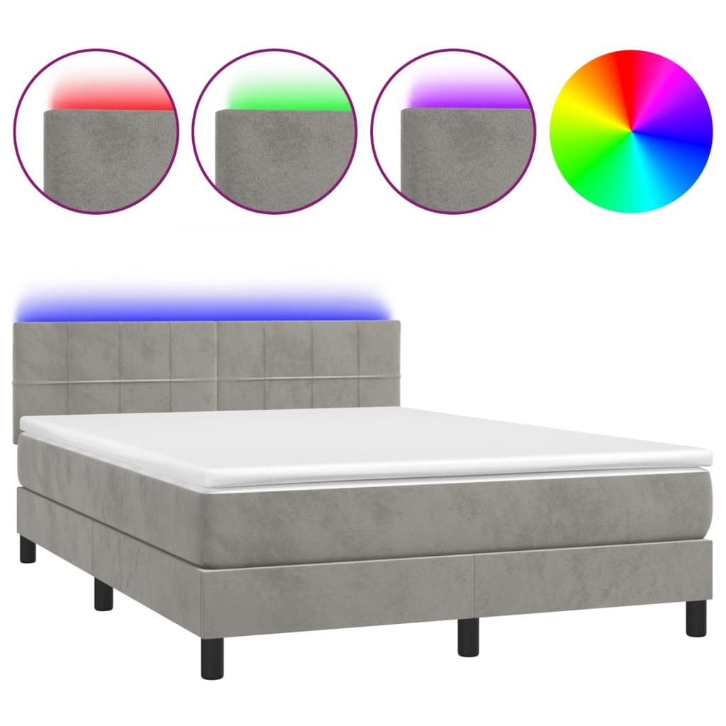 Krevet box spring s madracem LED svjetlosivi 140x190 cm baršun