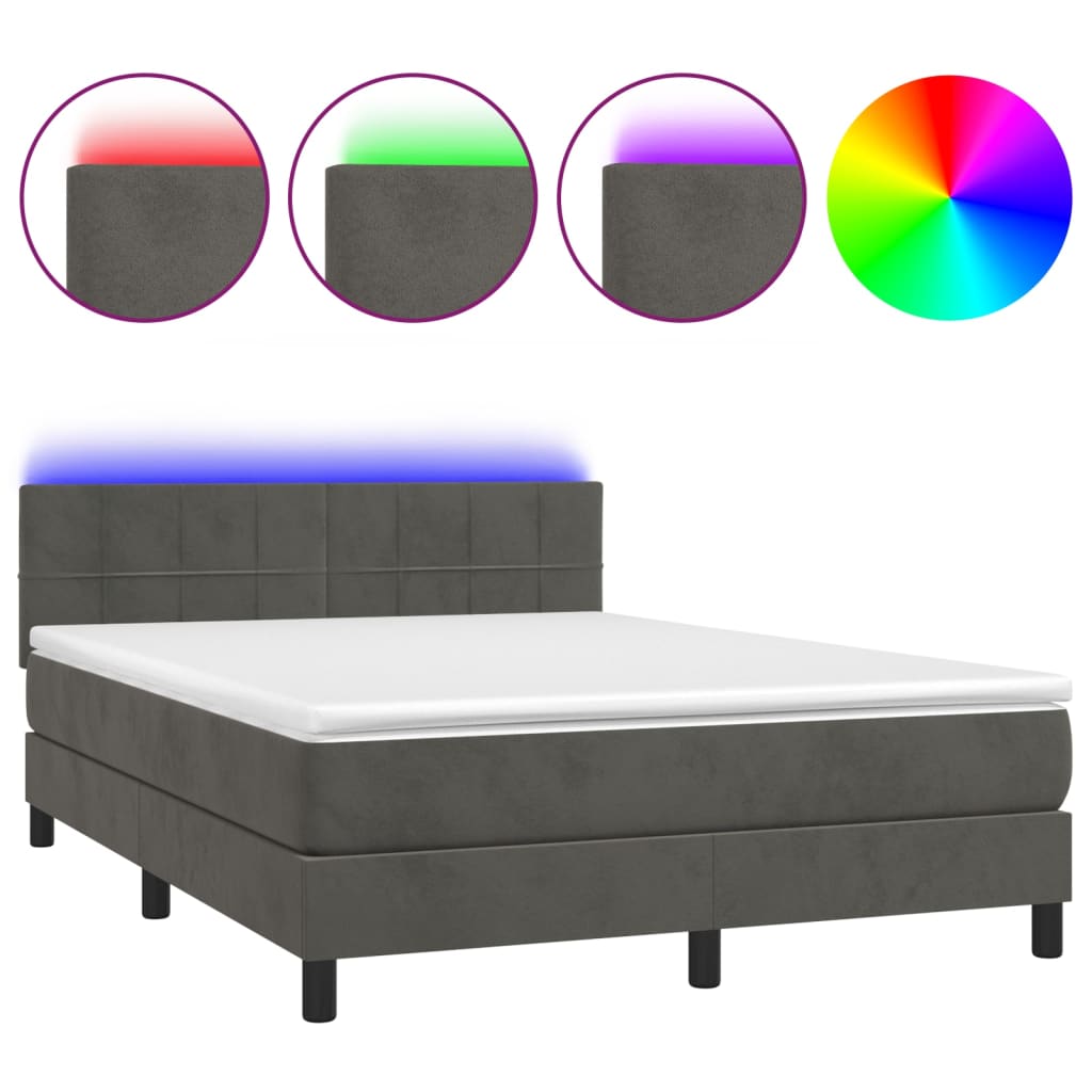 Krevet box spring s madracem LED tamnosivi 140x190 cm baršun