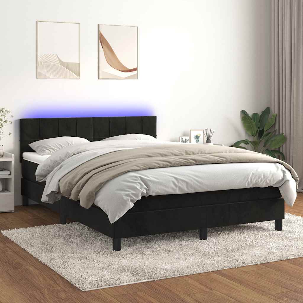 Krevet box spring s madracem LED crni 140x190 cm baršun