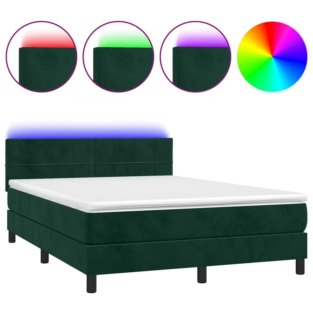 Krevet box spring s madracem LED tamnozeleni 140x190 cm baršun