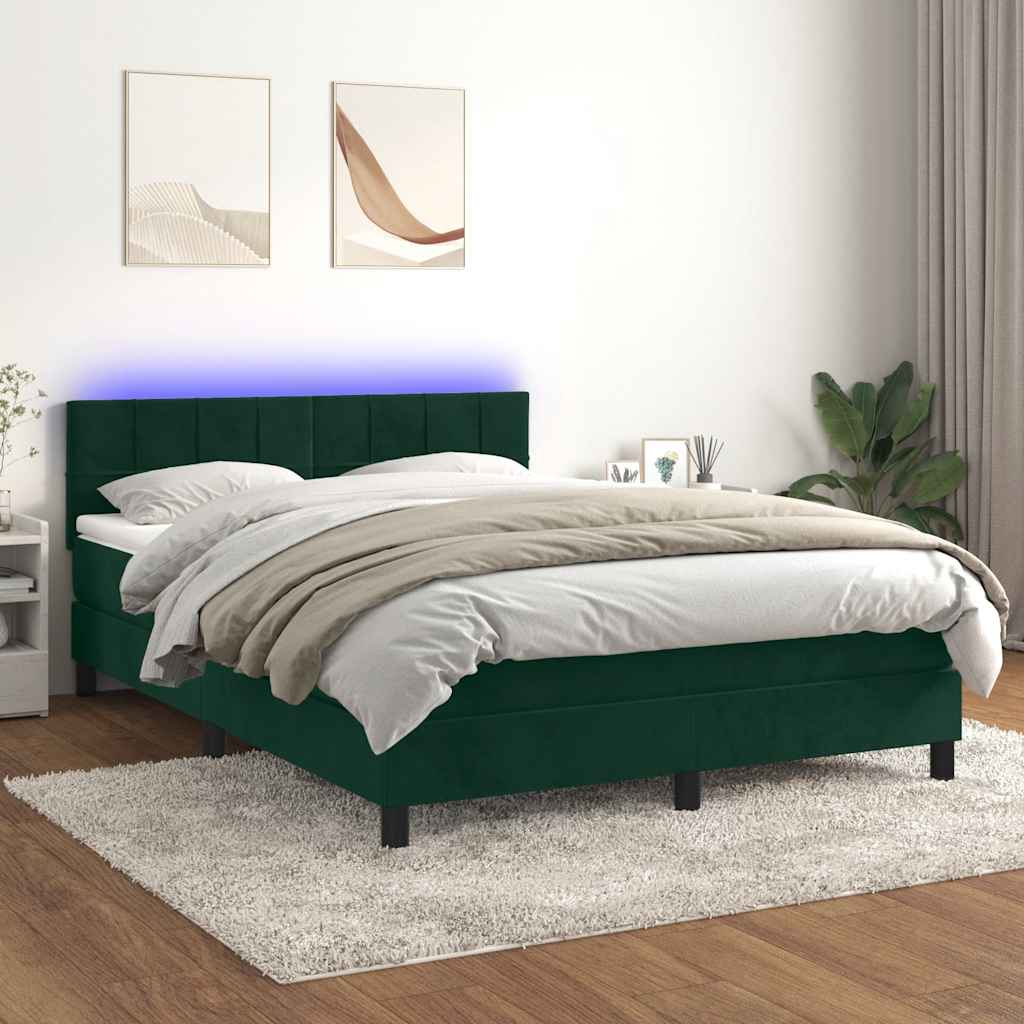 Krevet box spring s madracem LED tamnozeleni 140x190 cm baršun