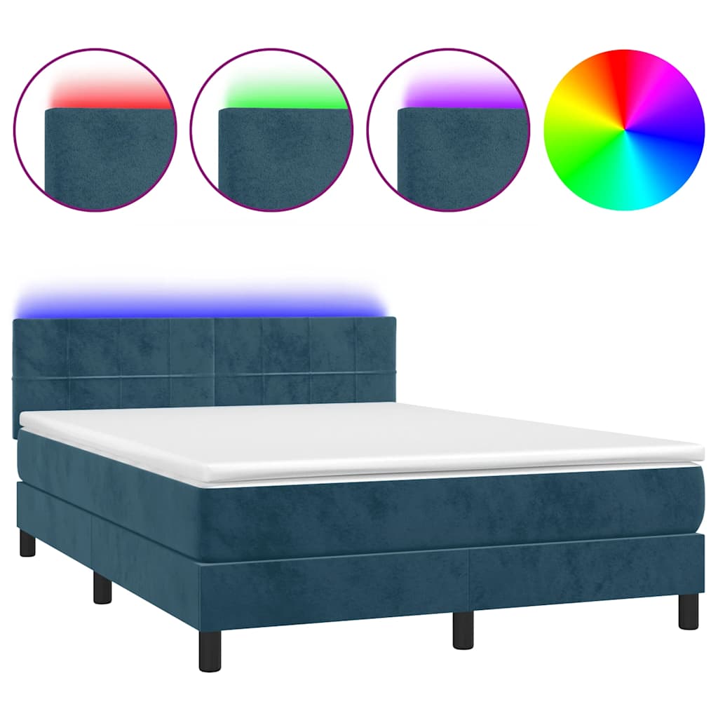 Krevet box spring s madracem LED tamnoplavi 140x190 cm baršun