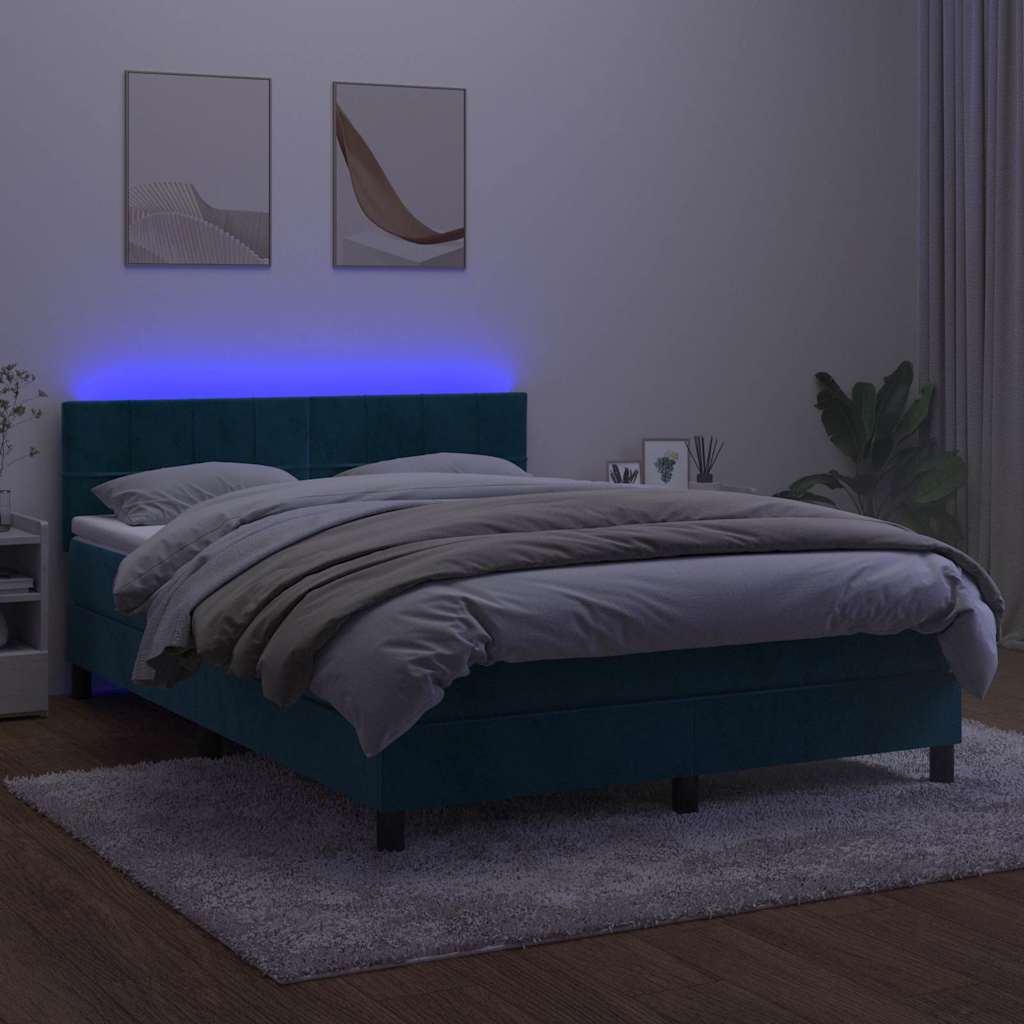 Krevet box spring s madracem LED tamnoplavi 140x200 cm baršun