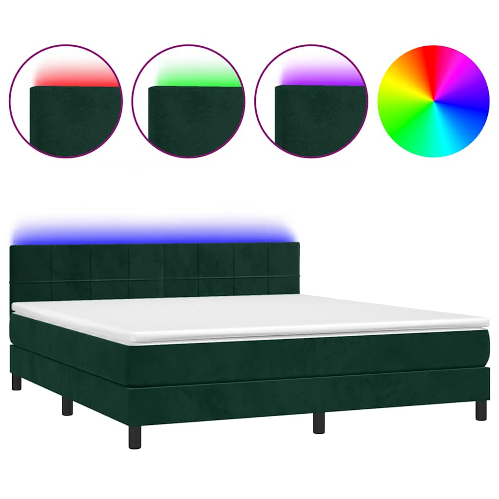 Krevet box spring s madracem LED tamnozeleni 160x200 cm baršun