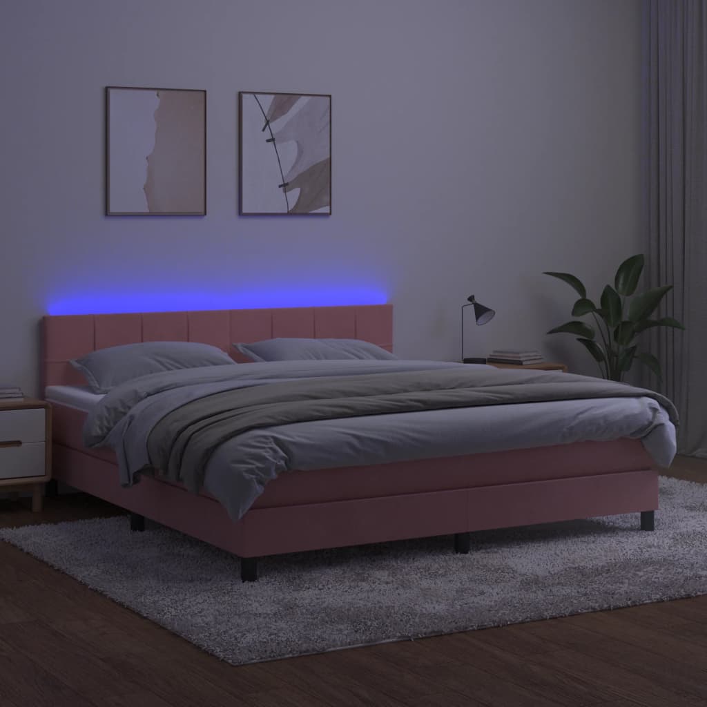 Krevet box spring s madracem LED ružičasti 160x200cm baršunasti