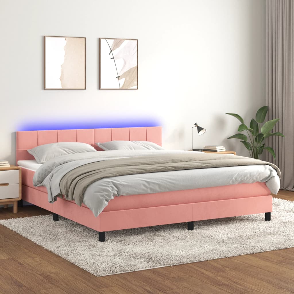 Krevet box spring s madracem LED ružičasti 160x200cm baršunasti