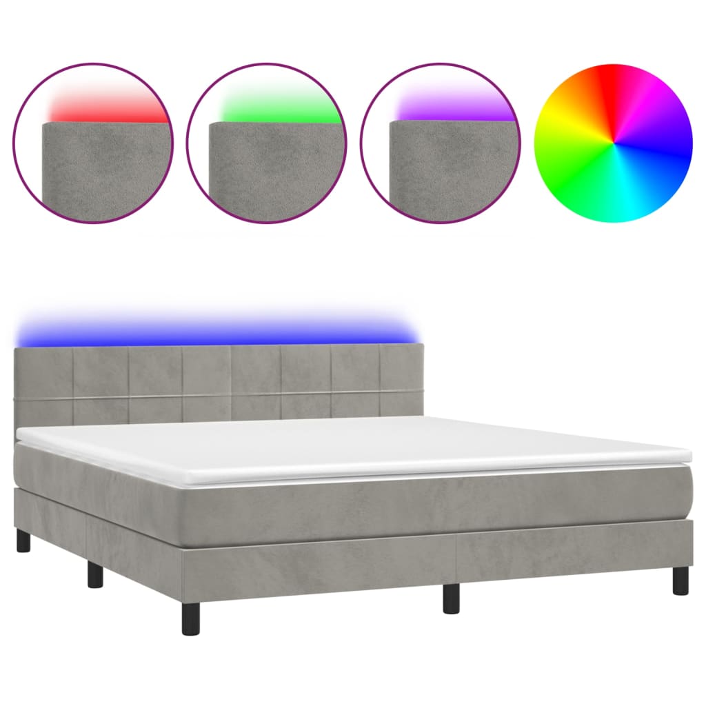 Krevet box spring s madracem LED svjetlosivi 180x200 cm baršun