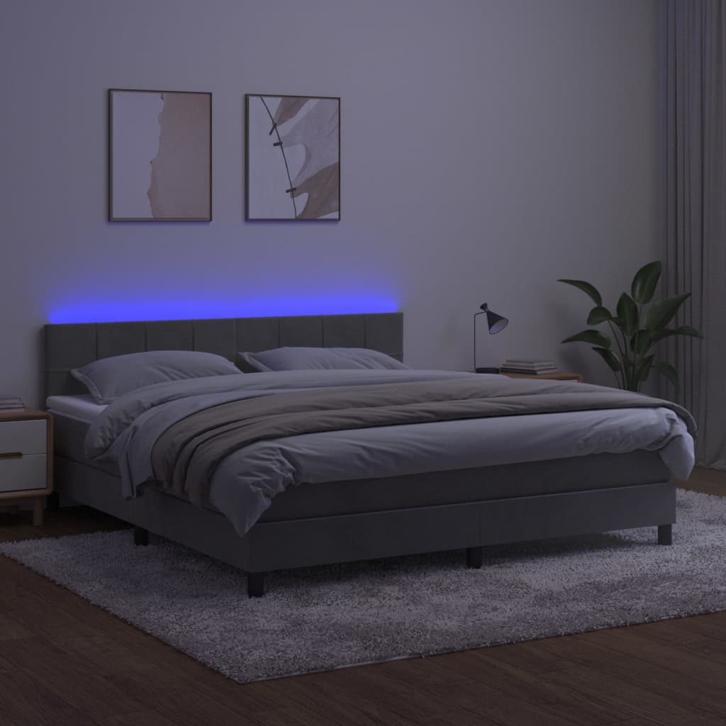 Krevet box spring s madracem LED svjetlosivi 180x200 cm baršun