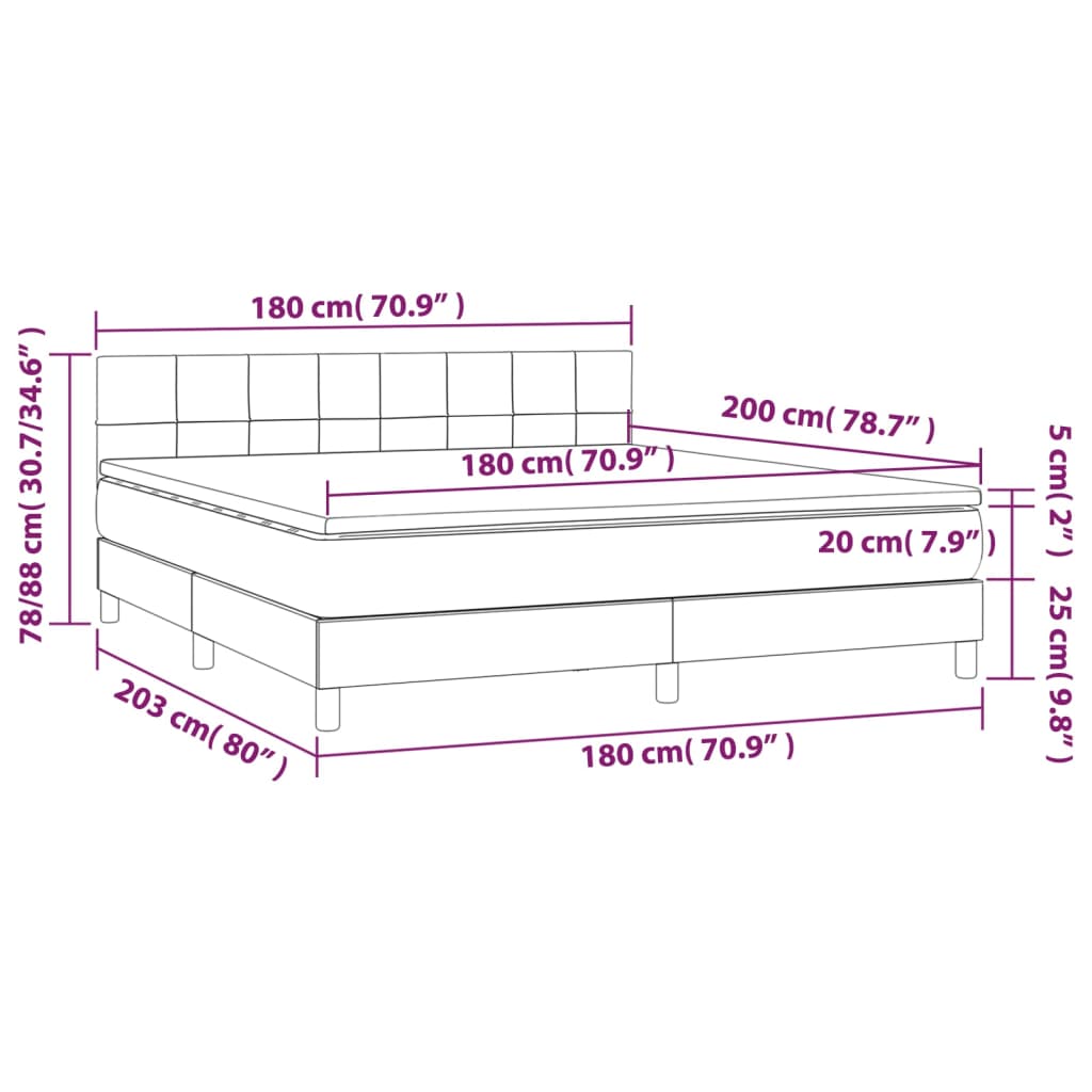 Krevet box spring s madracem LED svjetlosivi 180x200 cm baršun