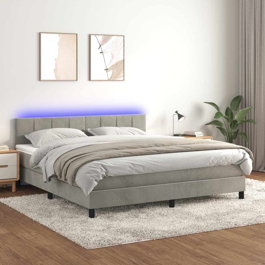 Krevet box spring s madracem LED svjetlosivi 180x200 cm baršun