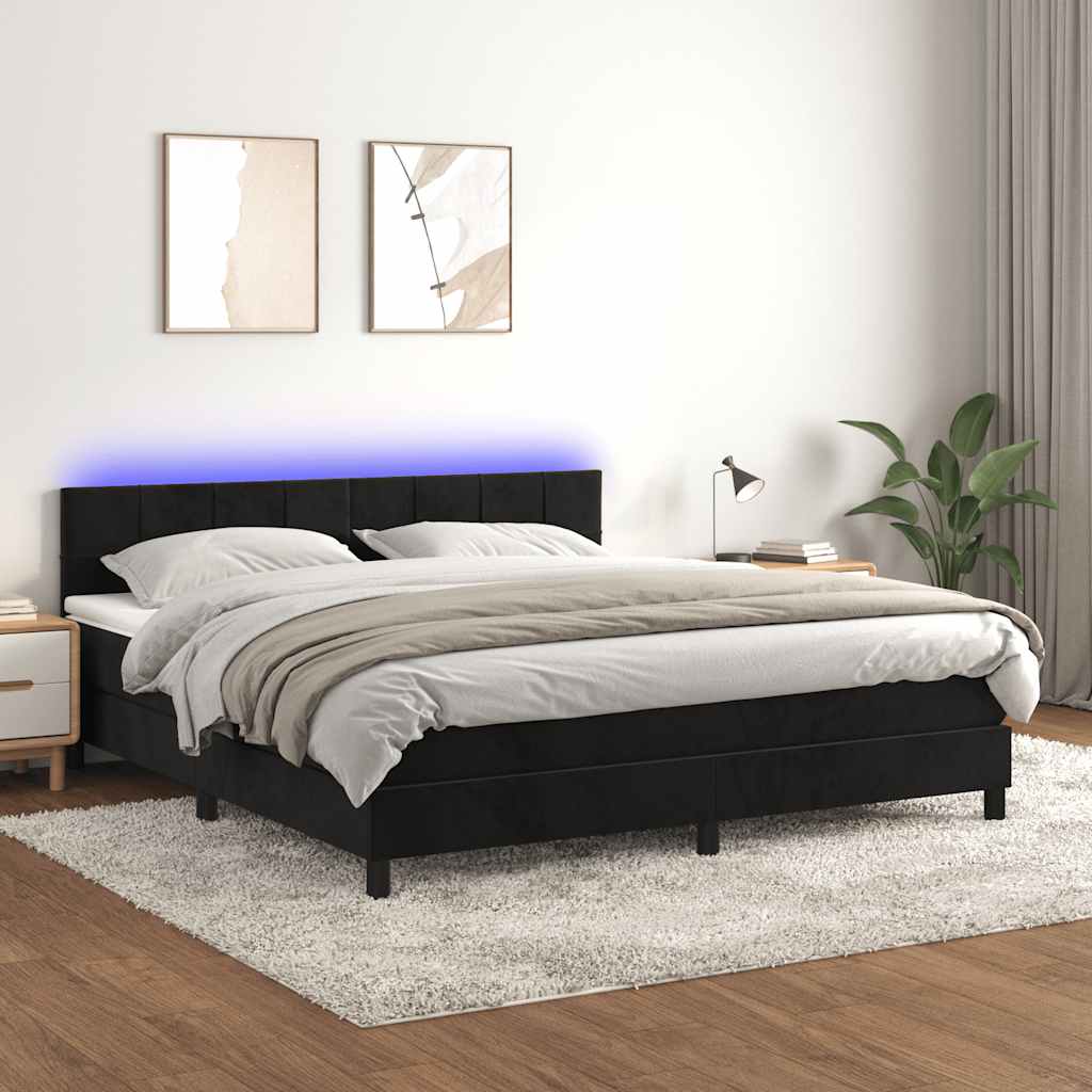 Krevet box spring s madracem LED crni 180x200 cm baršun