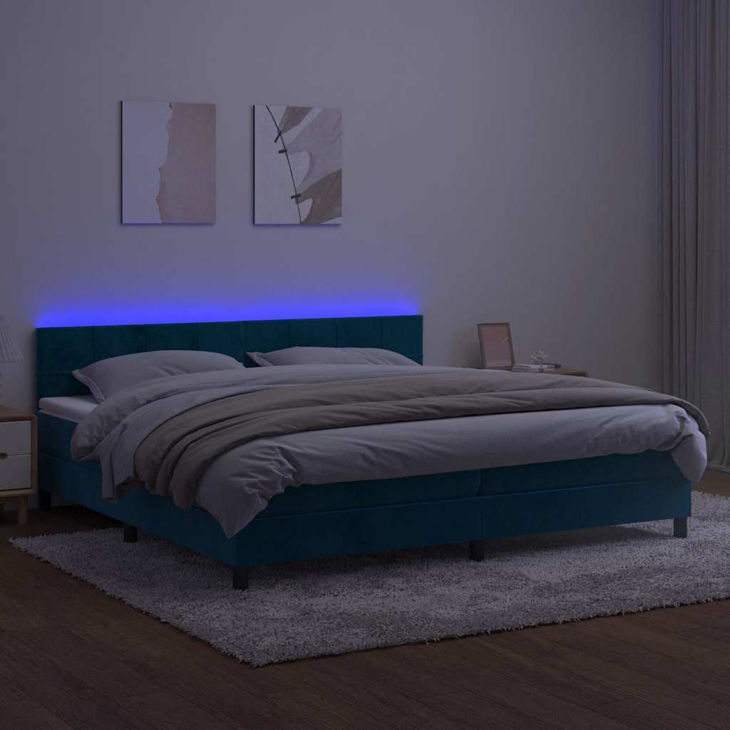 Krevet box spring s madracem LED tamnoplavi 200x200 cm baršun