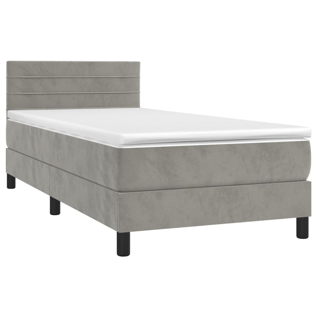 Krevet box spring s madracem LED svjetlosivi 90x190 cm baršun