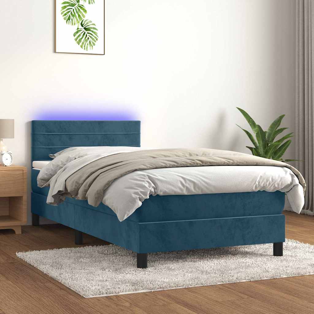 Krevet box spring s madracem LED tamnoplavi 90x190 cm baršun