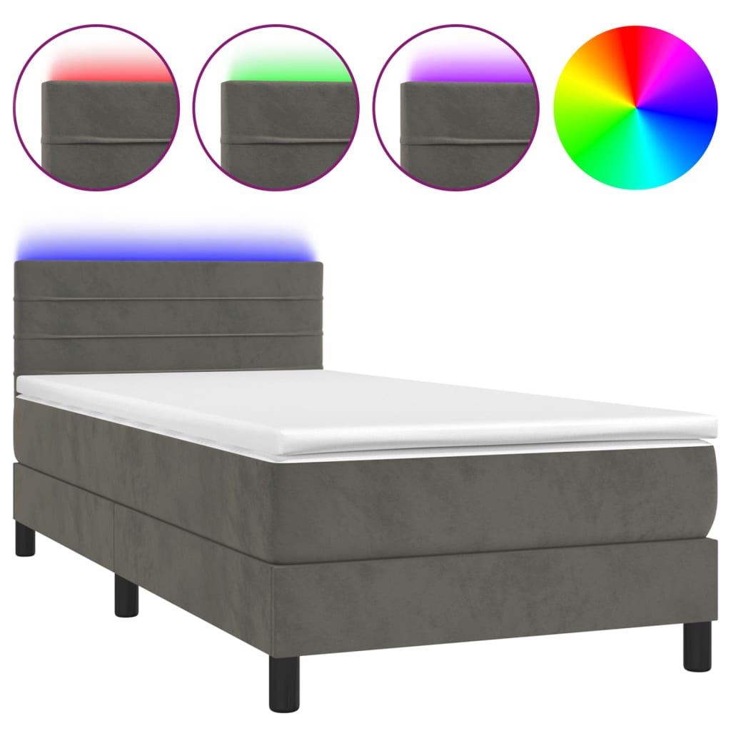 Krevet box spring s madracem LED tamnosivi 90x200 cm baršun