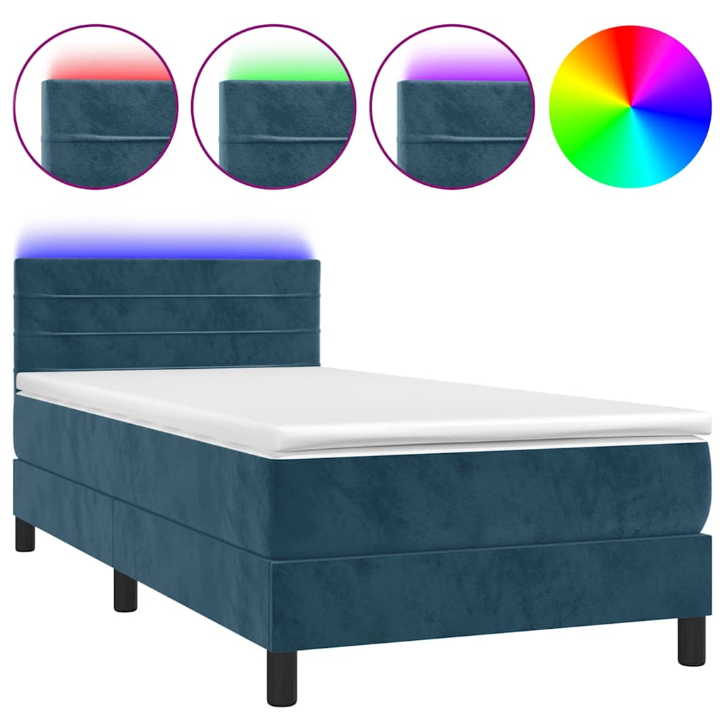 Krevet box spring s madracem LED tamnoplavi 90x200 cm baršun