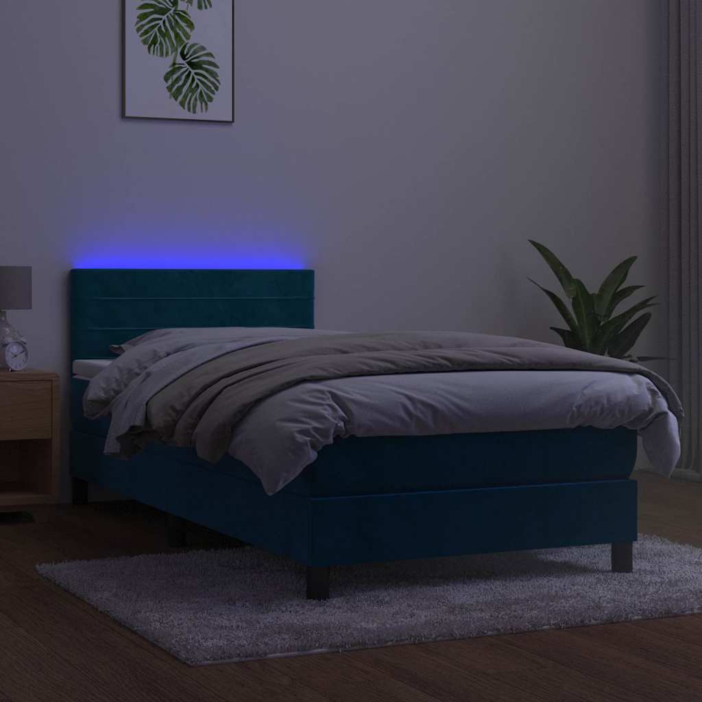 Krevet box spring s madracem LED tamnoplavi 90x200 cm baršun