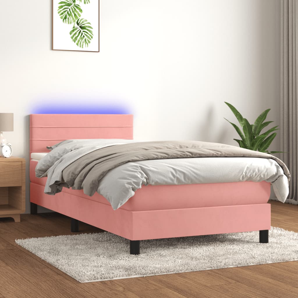 Krevet box spring s madracem LED ružičasti 90x200 cm baršunasti