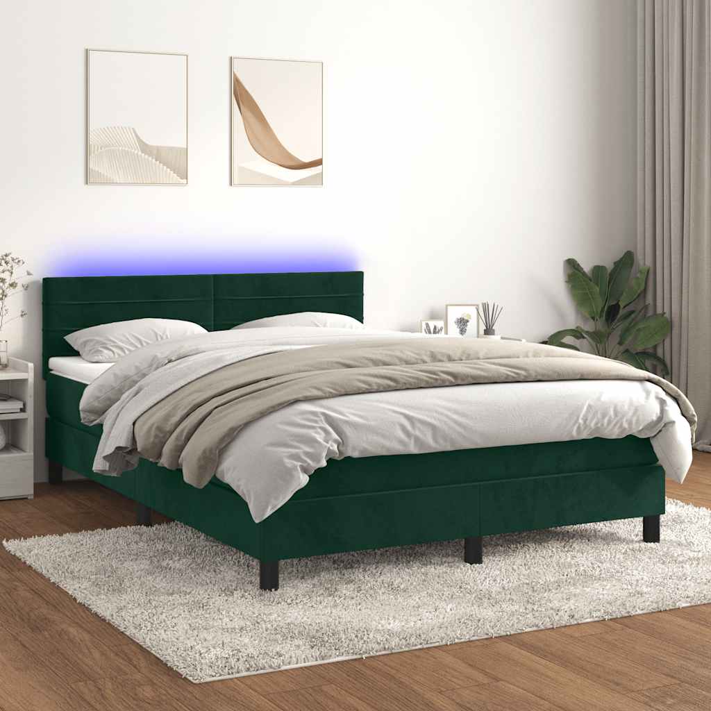 Krevet box spring s madracem LED tamnozeleni 140x190 cm baršun