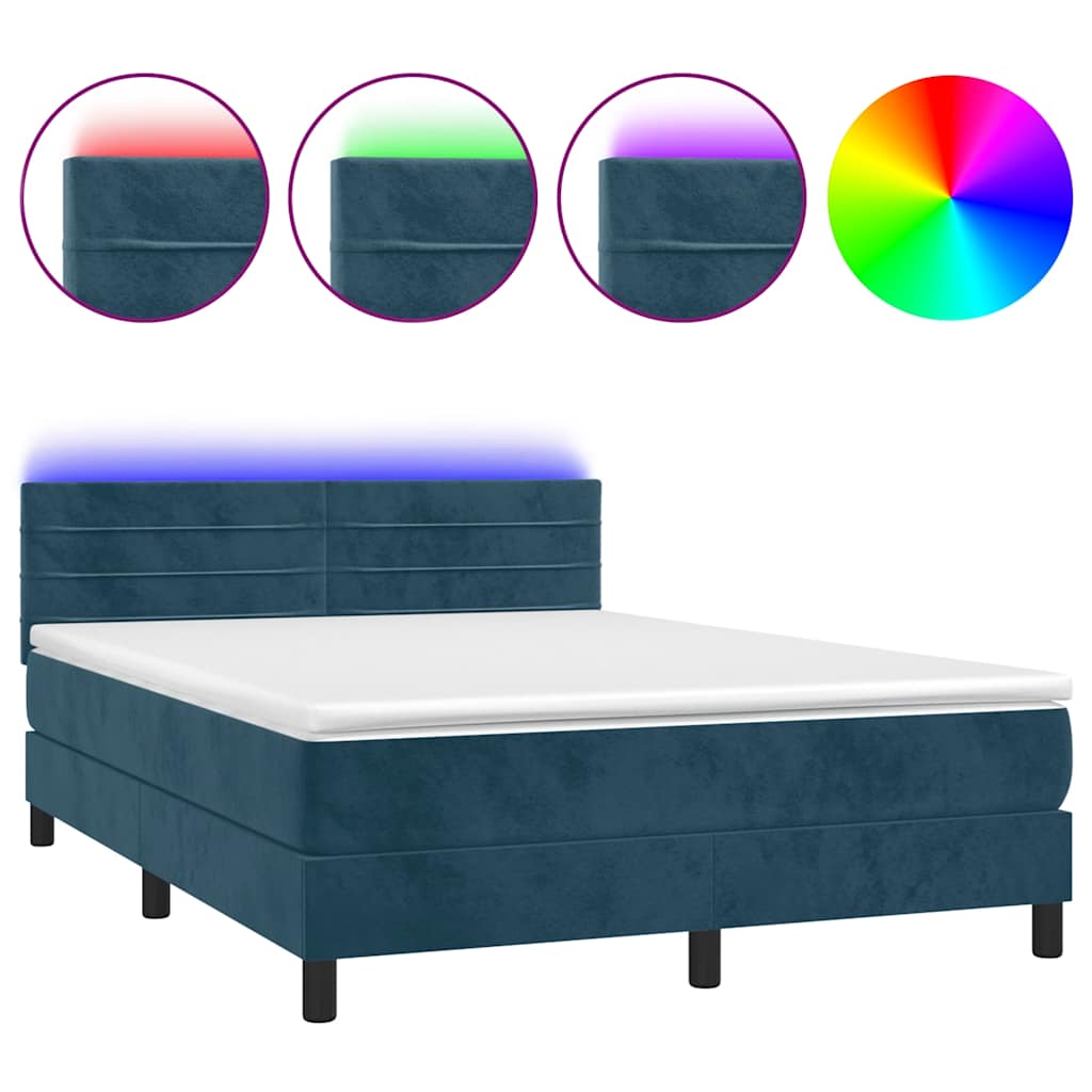 Krevet box spring s madracem LED tamnoplavi 140x190 cm baršun