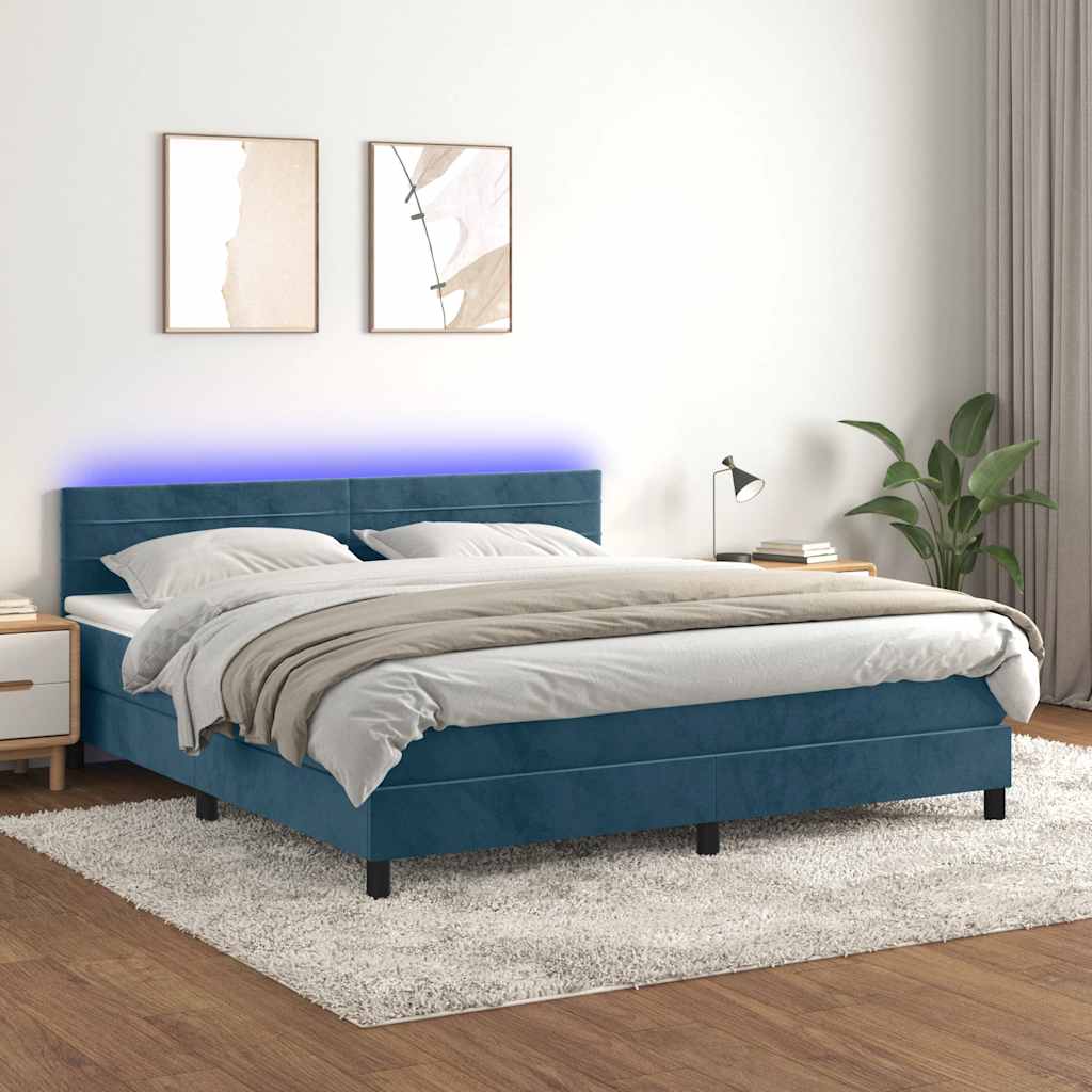 Krevet box spring s madracem LED tamnoplavi 160x200 cm baršun