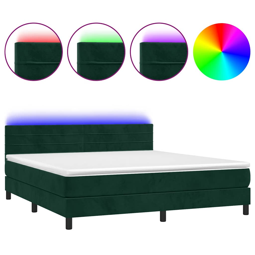 Krevet box spring s madracem LED tamnozeleni 180x200 cm baršun
