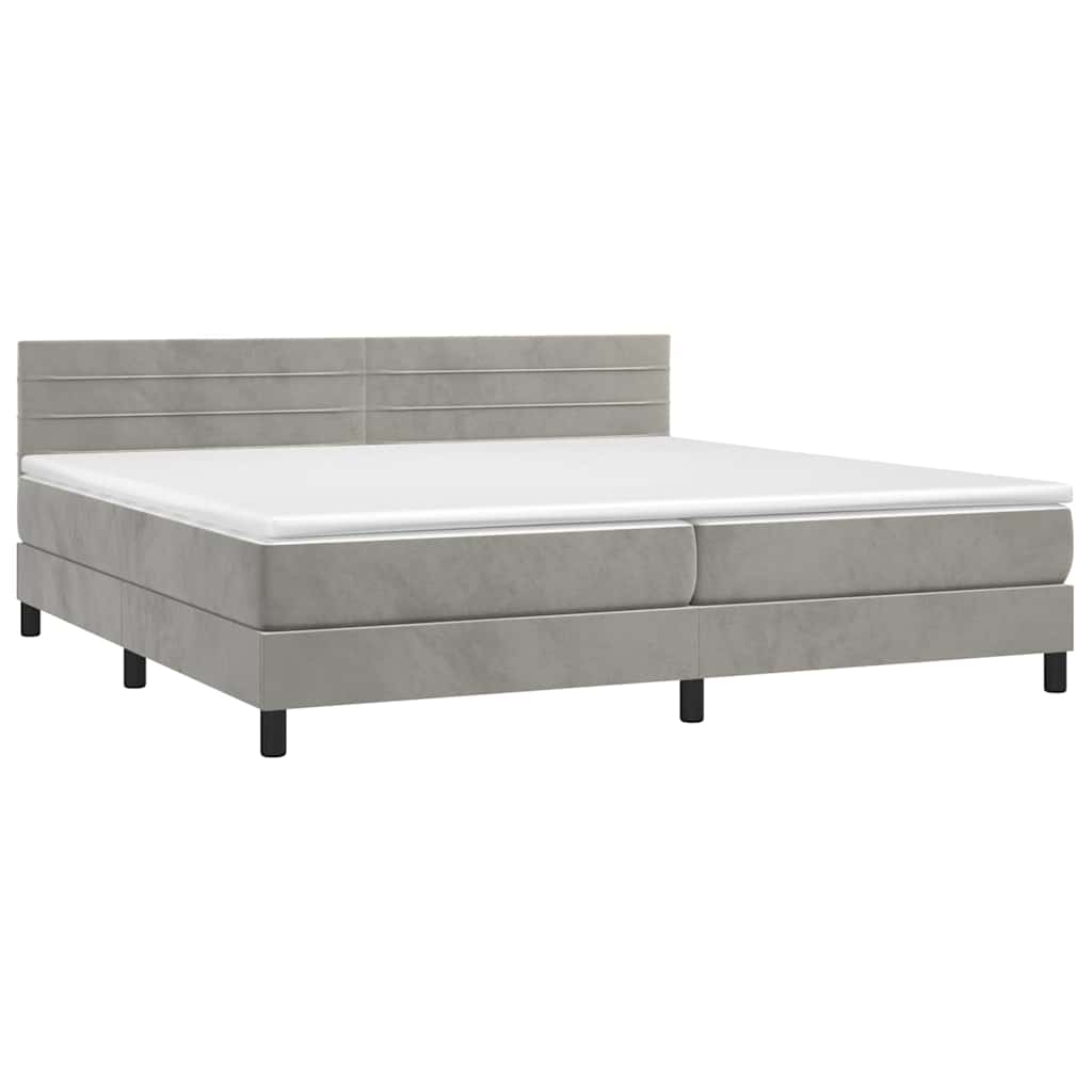 Krevet box spring s madracem LED svjetlosivi 200x200 cm baršun