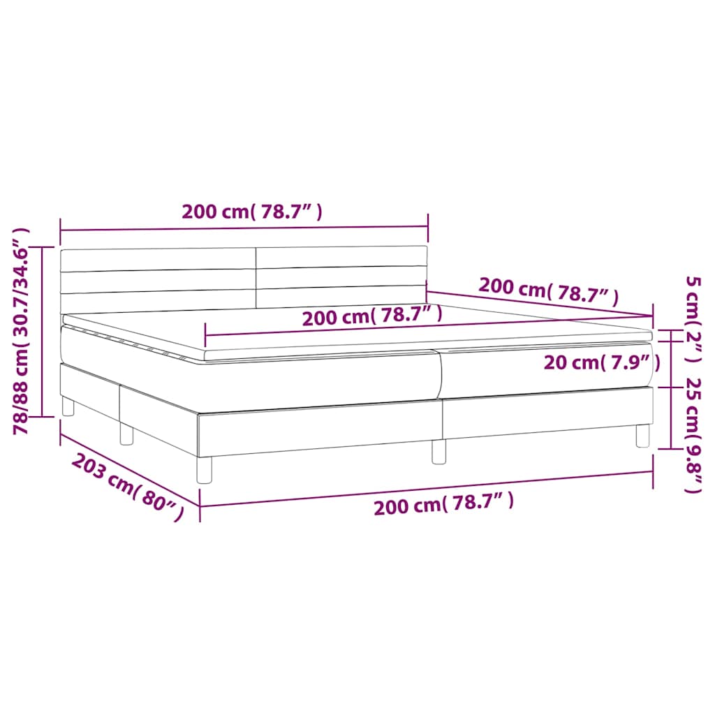 Krevet box spring s madracem LED svjetlosivi 200x200 cm baršun