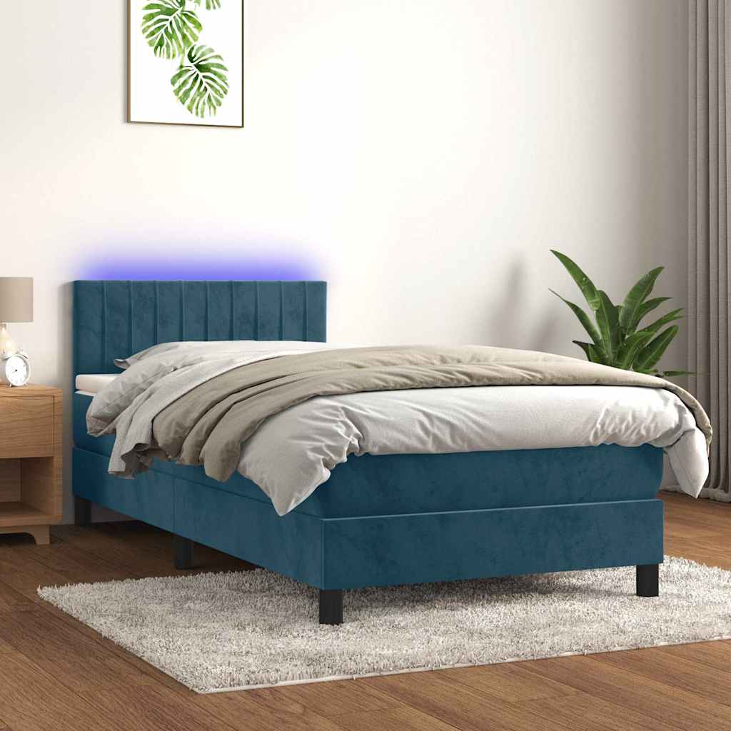 Krevet box spring s madracem LED tamnoplavi 80 x 200 cm baršun