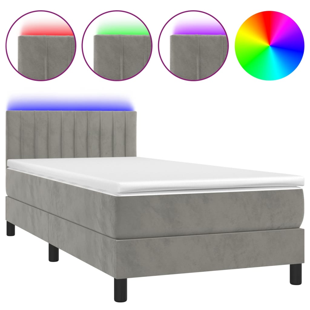 Krevet box spring s madracem LED svjetlosivi 90x190 cm baršun