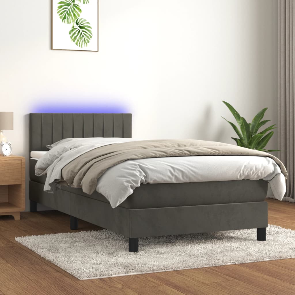 Krevet box spring s madracem LED tamnosivi 90x190 cm baršun