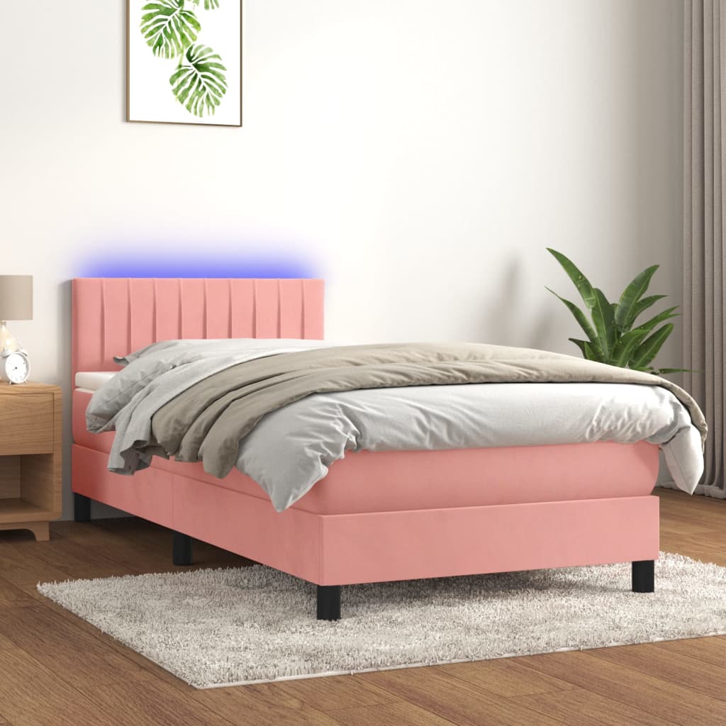 Krevet box spring s madracem LED ružičasti 90x200 cm baršunasti