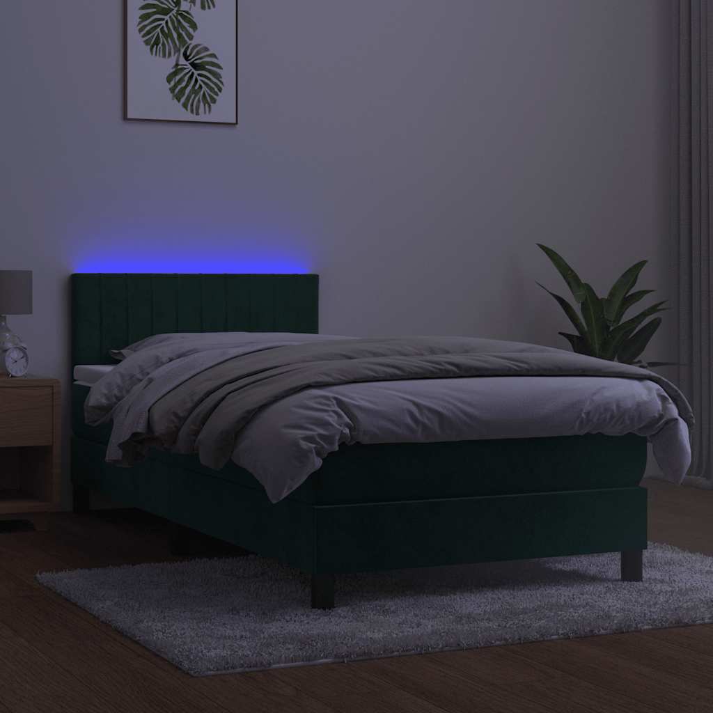 Krevet box spring s madracem LED tamnozeleni 100x200 cm baršun