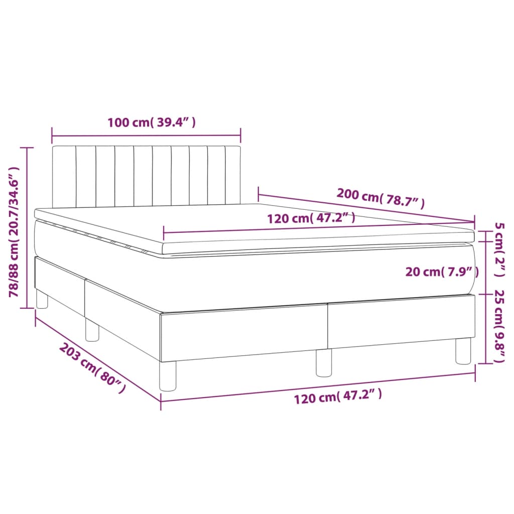 Krevet box spring s madracem LED svjetlosivi 120x200 cm baršun
