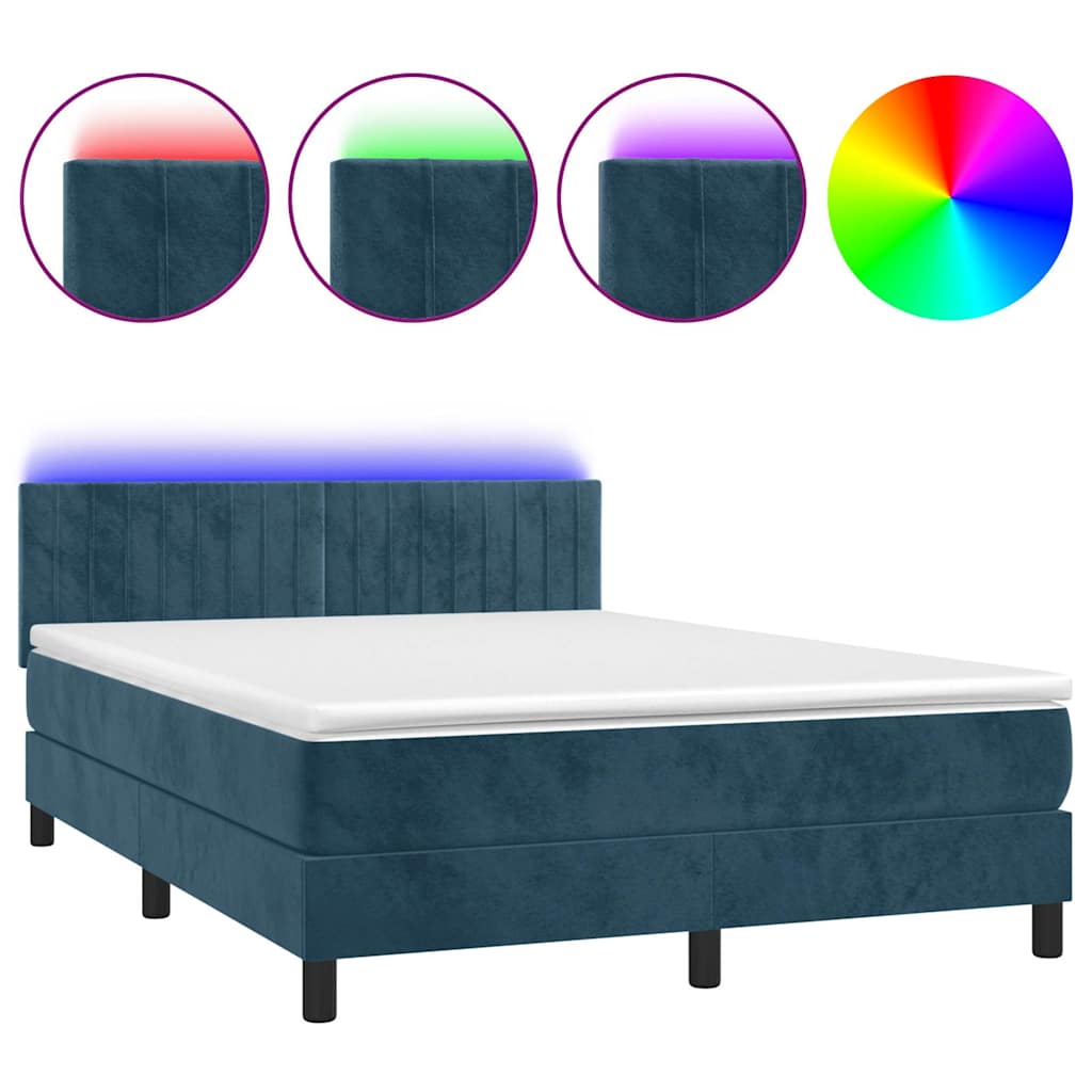 Krevet box spring s madracem LED tamnoplavi 140x190 cm baršun