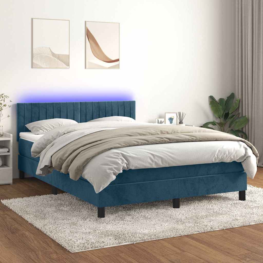 Krevet box spring s madracem LED tamnoplavi 140x190 cm baršun