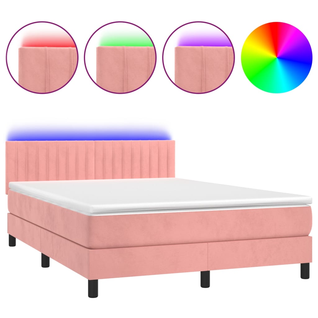 Krevet box spring s madracem LED ružičasti 140x200cm baršunasti
