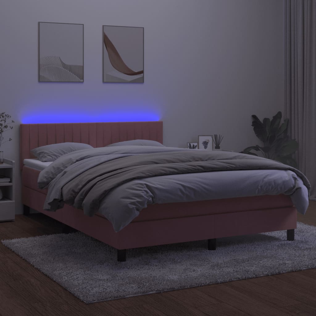 Krevet box spring s madracem LED ružičasti 140x200cm baršunasti