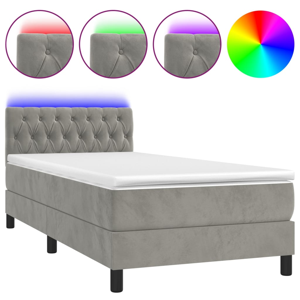 Krevet box spring s madracem LED svjetlosivi 90x190 cm baršun