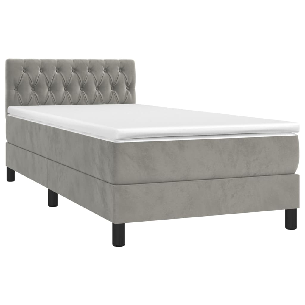 Krevet box spring s madracem LED svjetlosivi 90x190 cm baršun