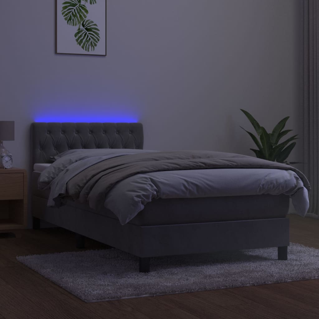 Krevet box spring s madracem LED svjetlosivi 90x190 cm baršun