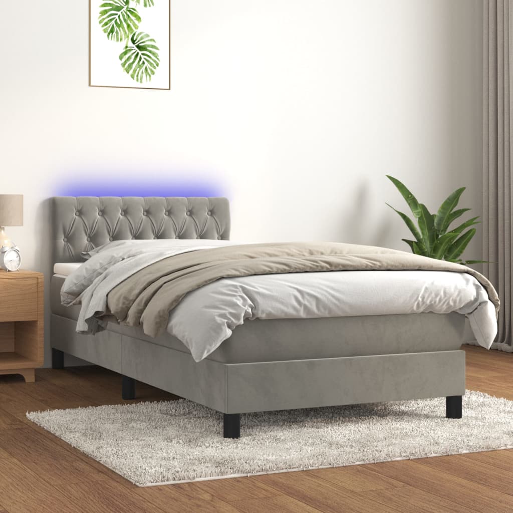 Krevet box spring s madracem LED svjetlosivi 90x190 cm baršun