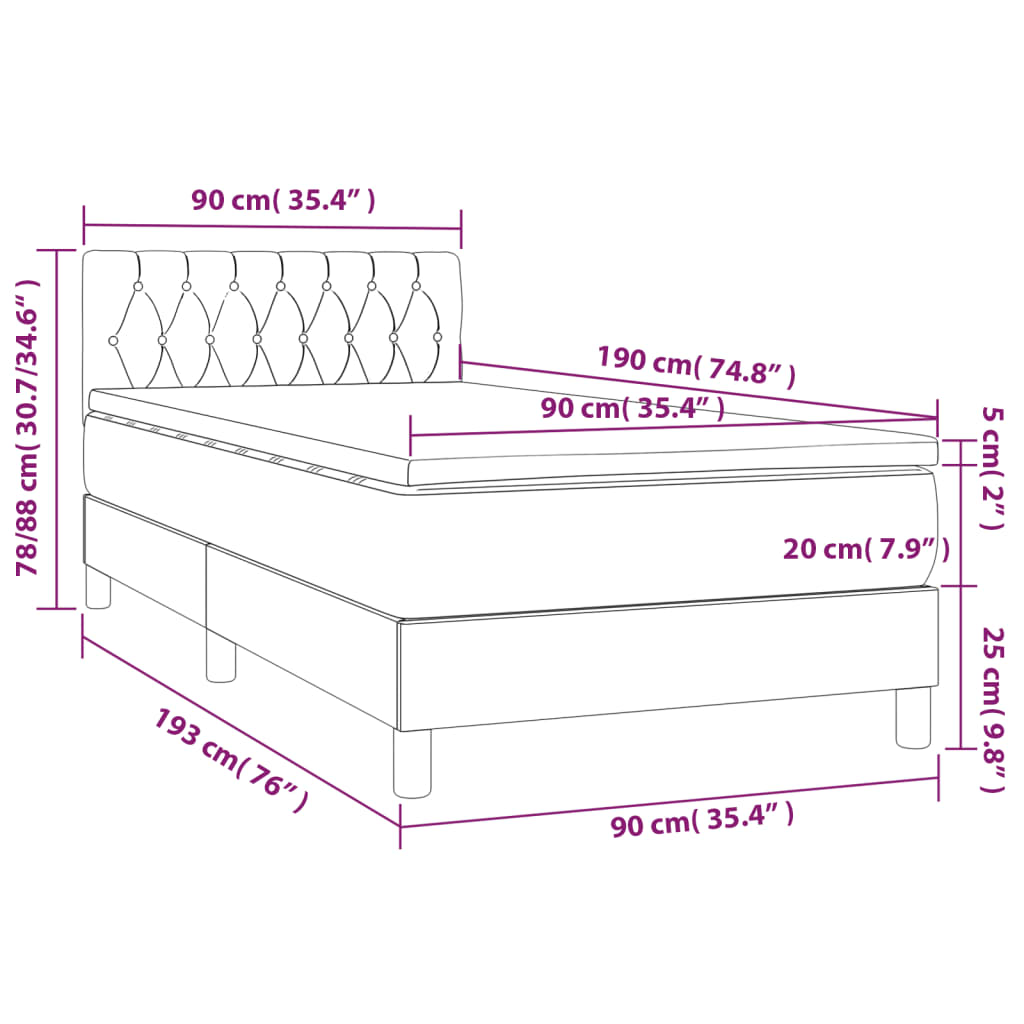 Krevet box spring s madracem LED tamnosivi 90x190 cm baršun