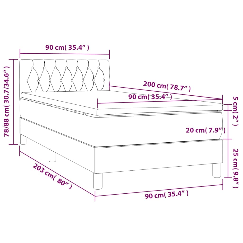 Krevet box spring s madracem LED crni 90x200 cm baršun